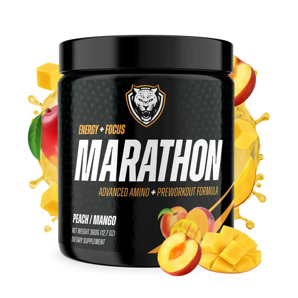 Black supplement container labeled 'Marathon' with peach and mango graphics on a white background