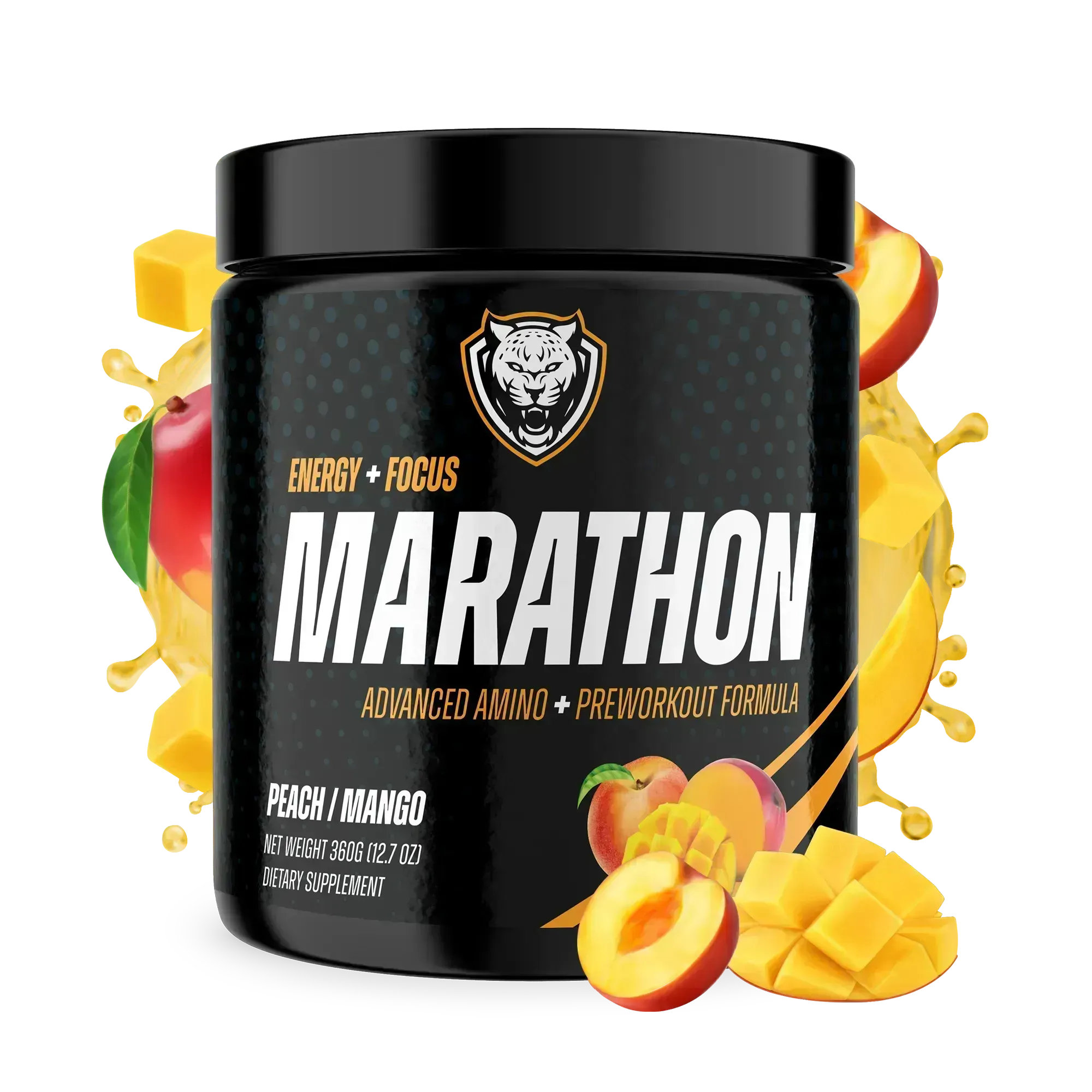 Black supplement container labeled 'Marathon' with peach and mango graphics on a white background