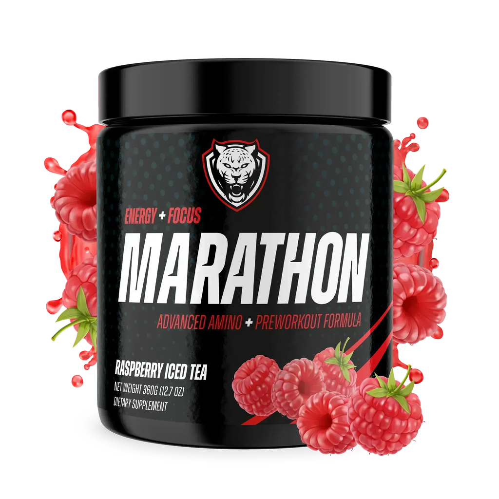 Black supplement container labeled 'Marathon' with raspberries on a white background