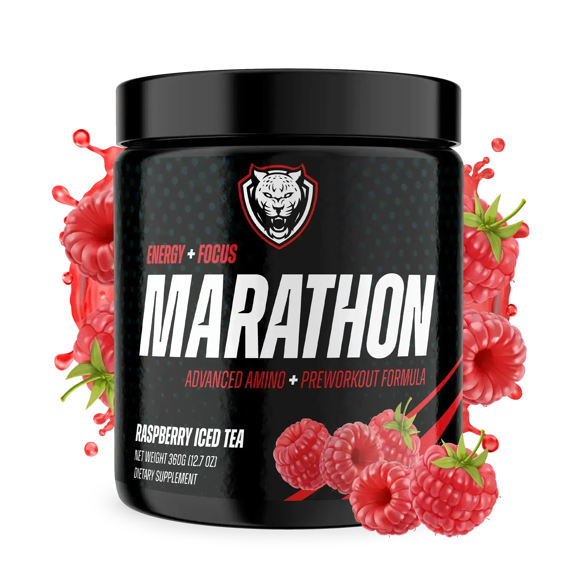 Black supplement container labeled 'Marathon' with raspberries on a white background