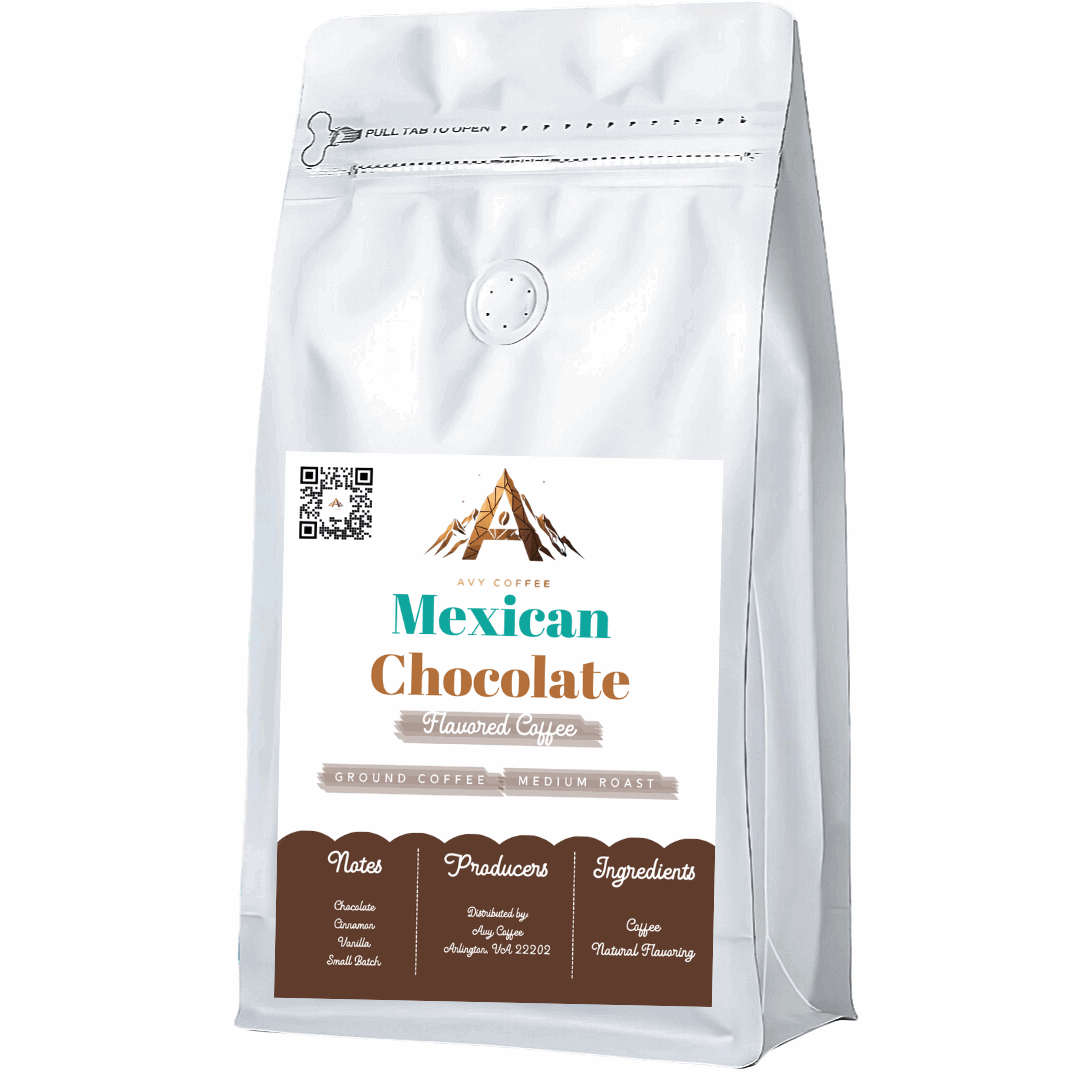 White coffee bag with 'Mexican Chocolate Flavoured Coffee' label on a white background