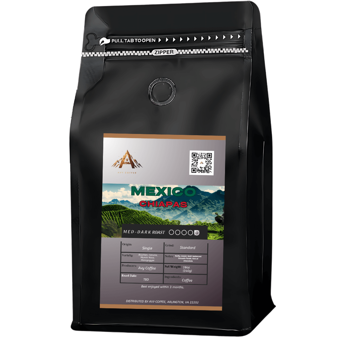 Black coffee bag with 'Mexico Chiapas' label on a white background