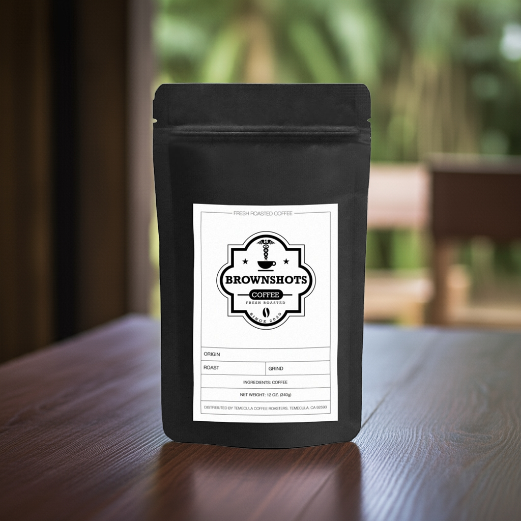 Black coffee packaging with a label on a wooden surface