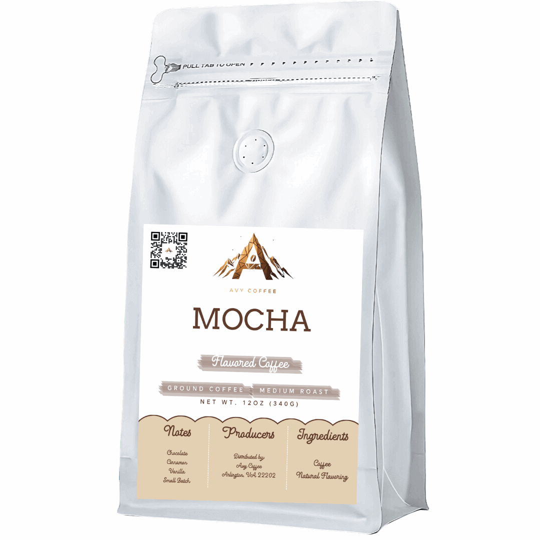 White coffee bag with 'Mocha' flavor label on a white background