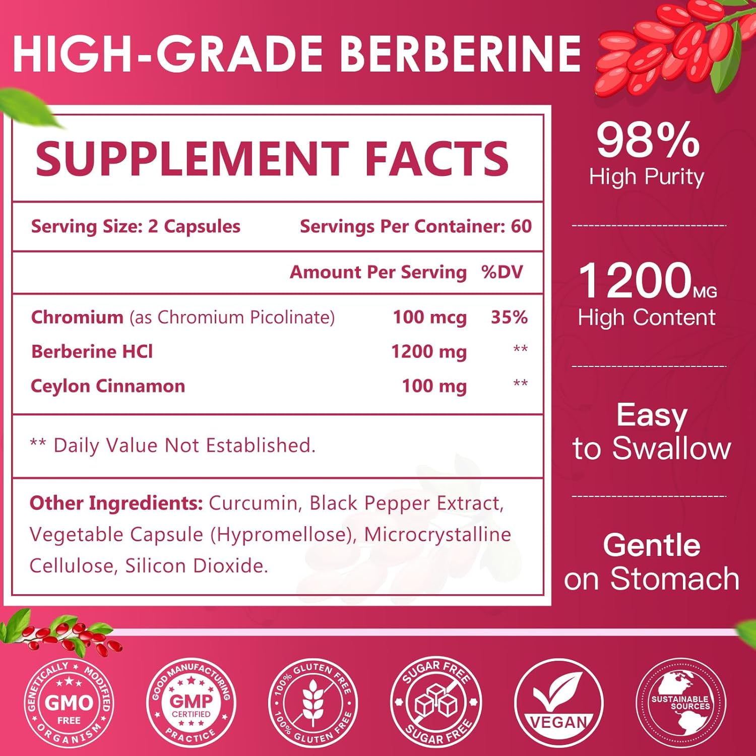 Supplement facts label for high-grade berberine on a pink background with red berries.