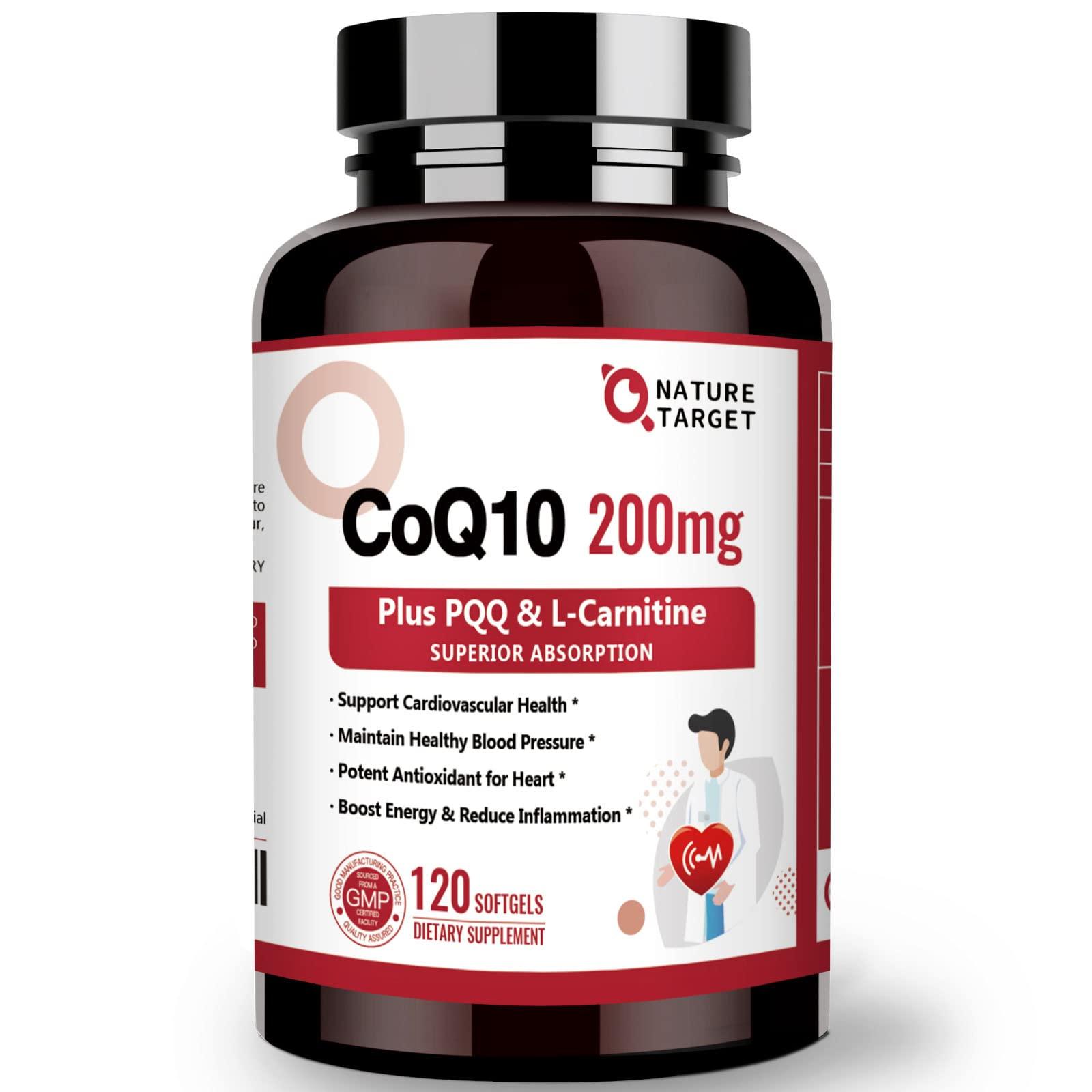 Supplement bottle labeled 'CoQ10 200mg' with a white background