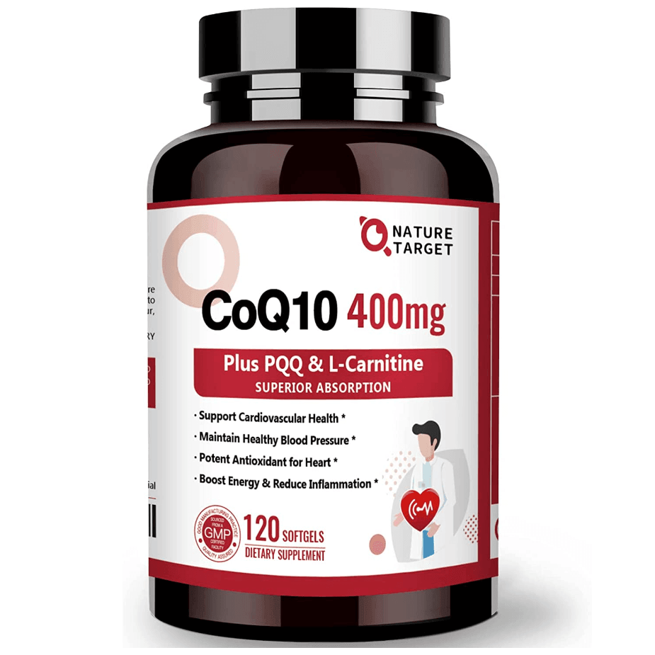 Supplement bottle labeled 'CoQ10 400mg' with branding on a white background
