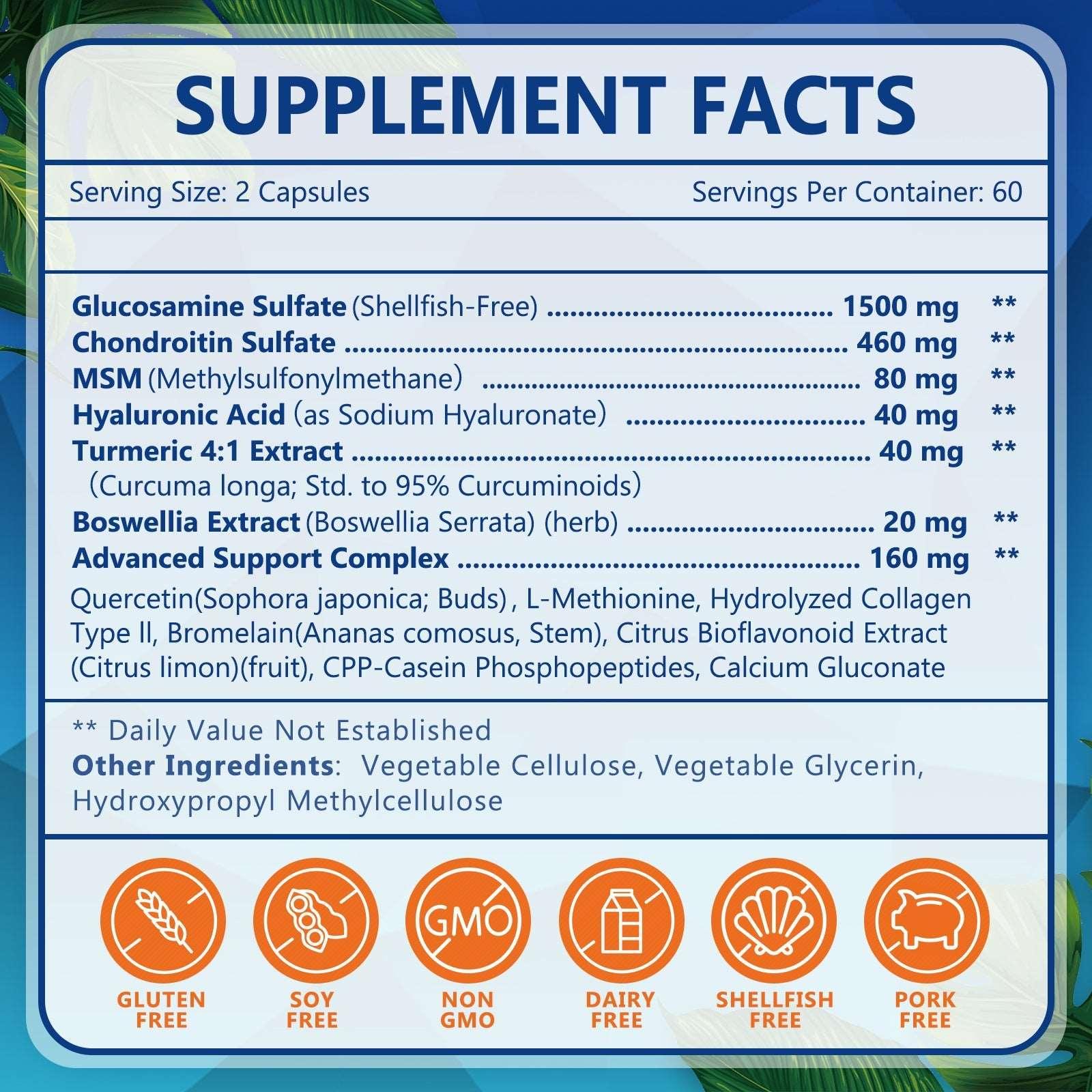 Supplement facts label with various health benefits and ingredient details on a blue background.