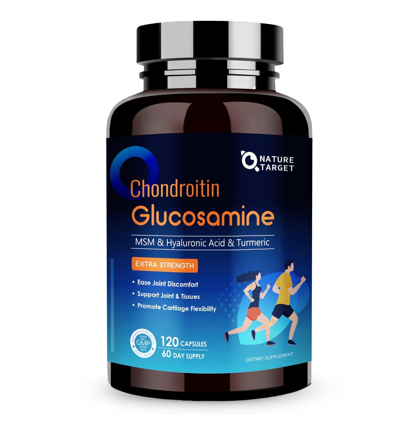 Supplement bottle labeled 'Chondroitin Glucosamine' by Nature Target on a white background