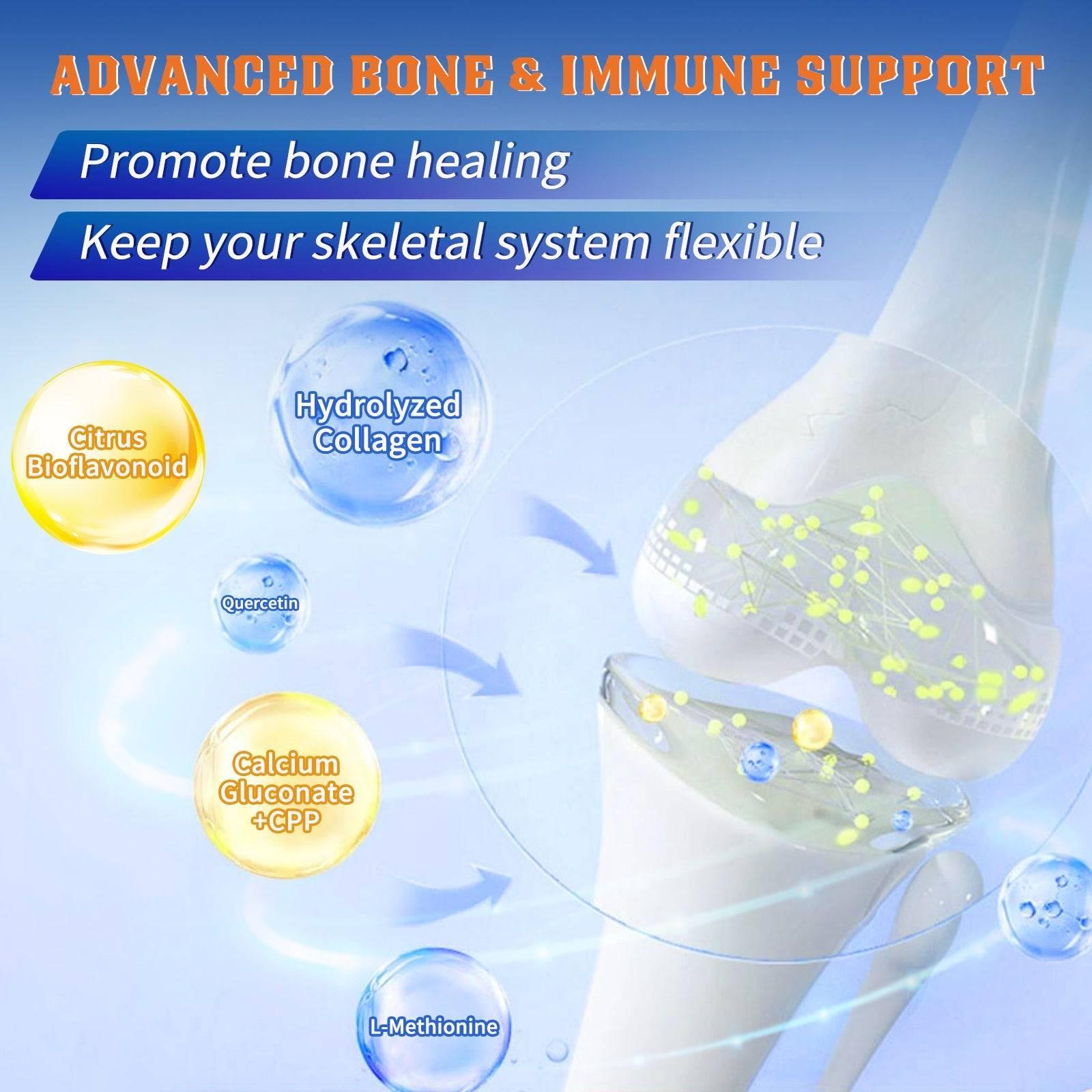 Advertisement for advanced bone and immune support with a focus on bone healing and skeletal system flexibility.