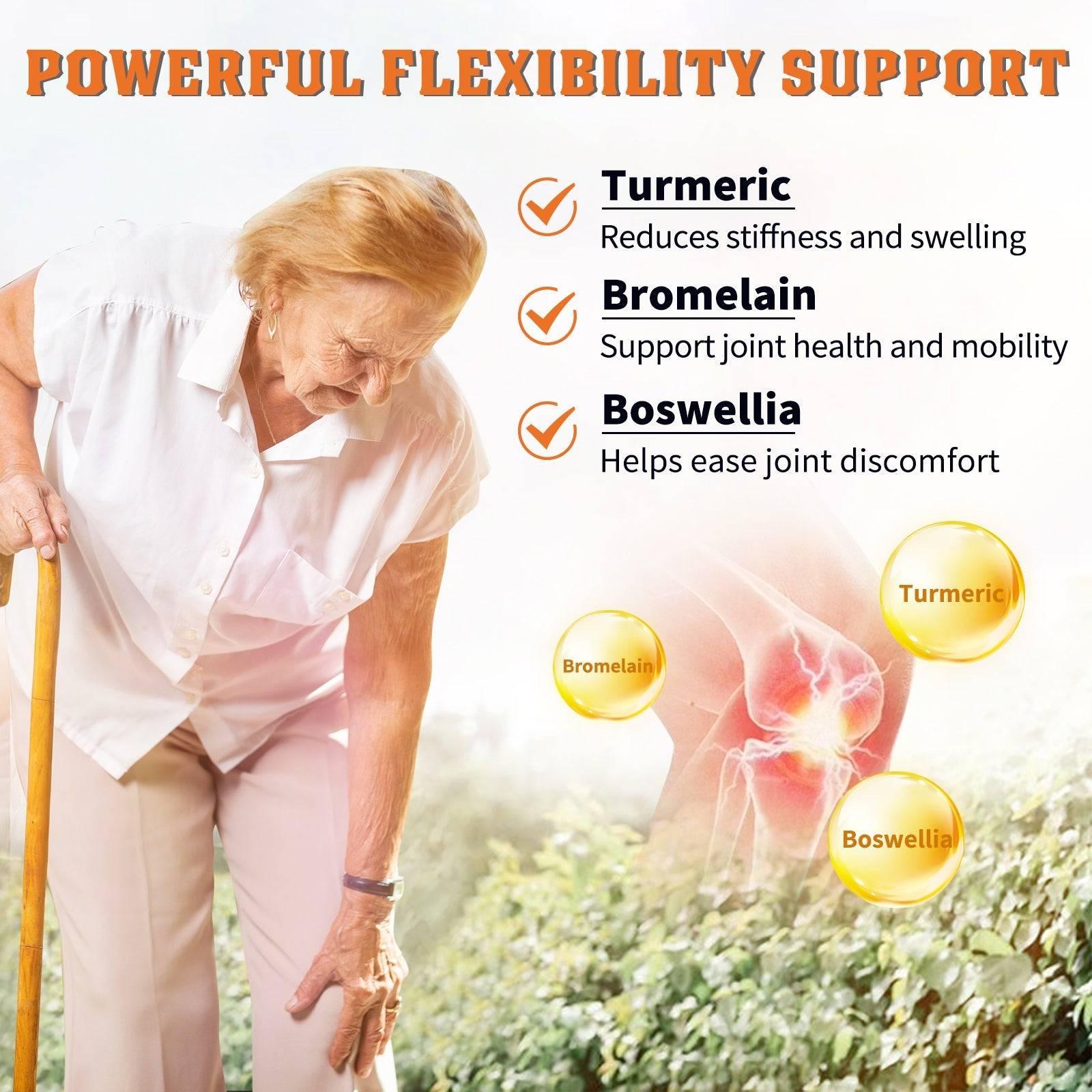 Advertisement for a product with turmeric, bromelain, and boswellia for joint health, featuring an elderly woman with a walking stick.