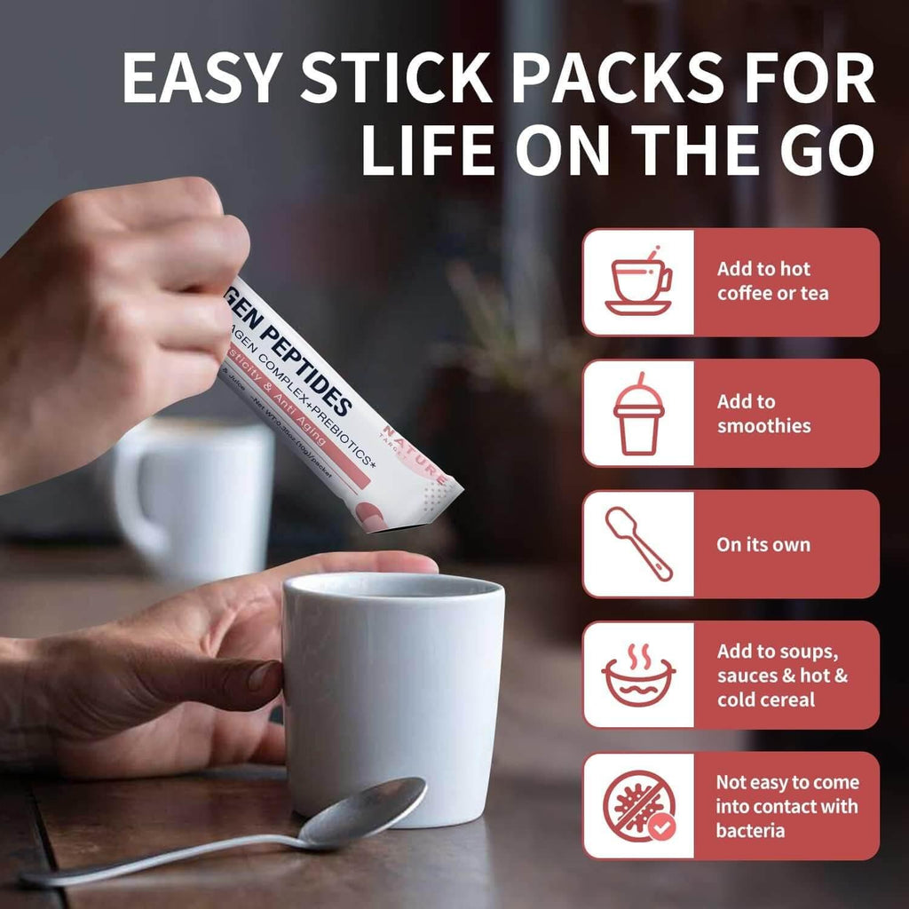 Person holding a stick pack over a cup with text about easy stick packs for life on the go.