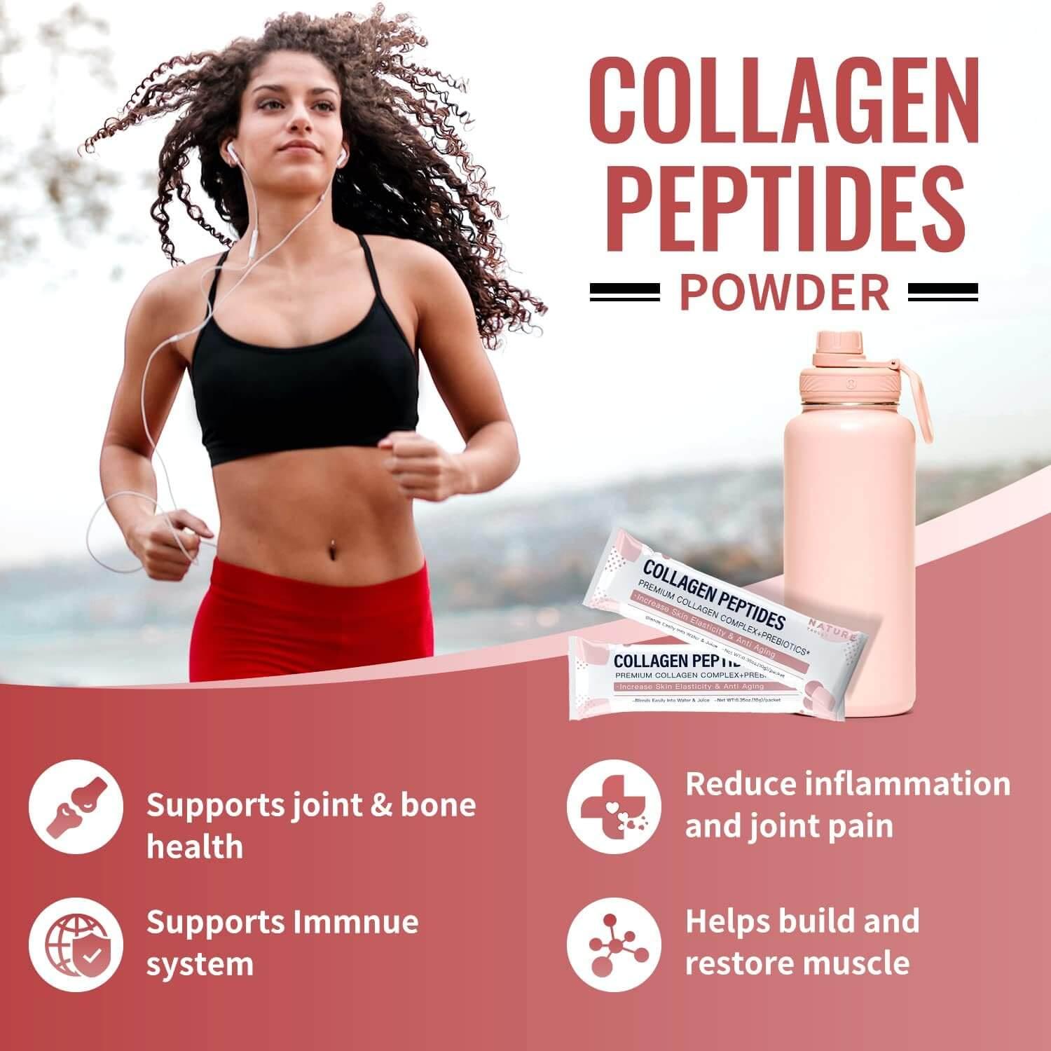 Woman running with collagen peptides powder packaging and a bottle on a scenic background