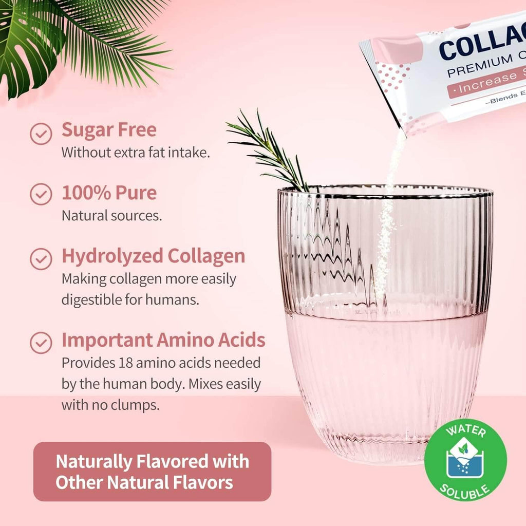 Collagen powder package with a glass of pink drink on a pink background