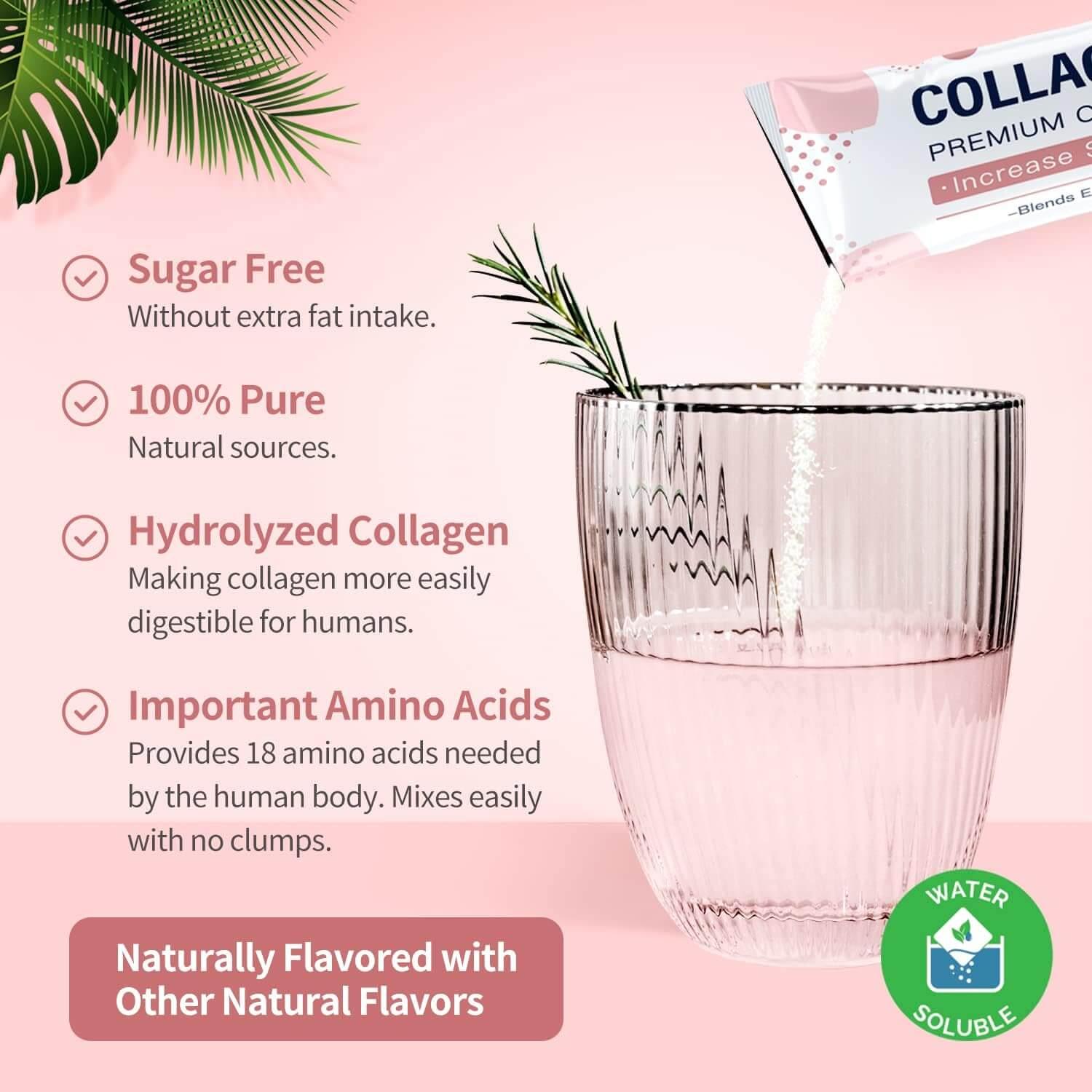 Collagen powder package with a glass of pink drink on a pink background
