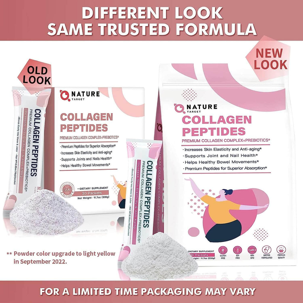 Comparison of old and new packaging designs for Nature Target Collagen Peptides with text indicating a trusted formula.