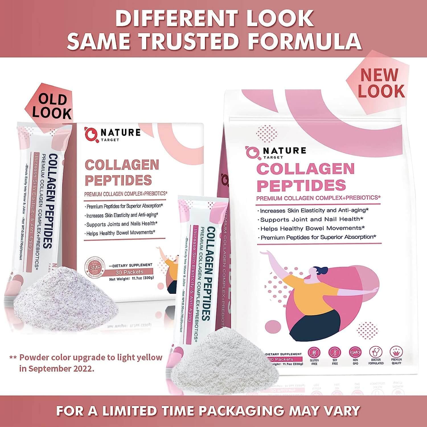 Comparison of old and new packaging designs for Nature Target Collagen Peptides with text indicating a trusted formula.