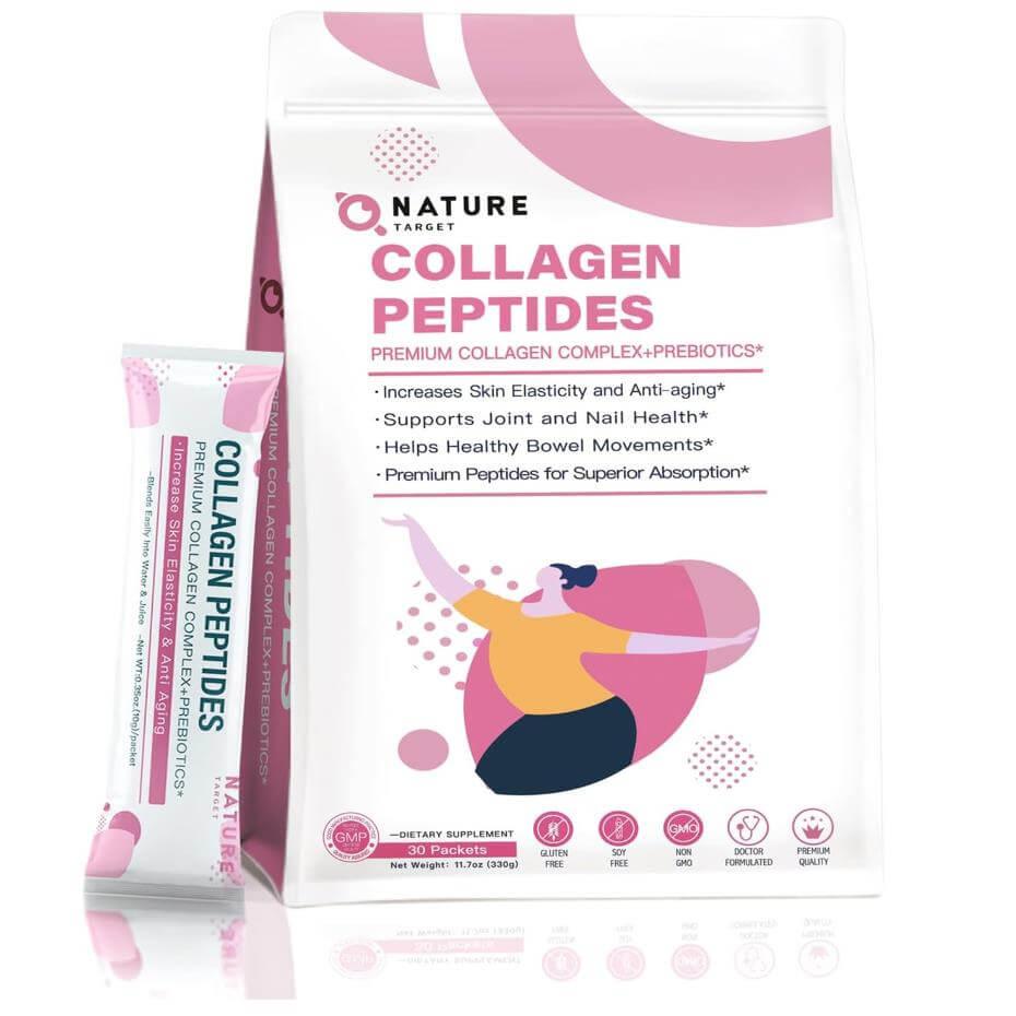 Nature Collagen Peptides packaging with a woman illustration on a white background