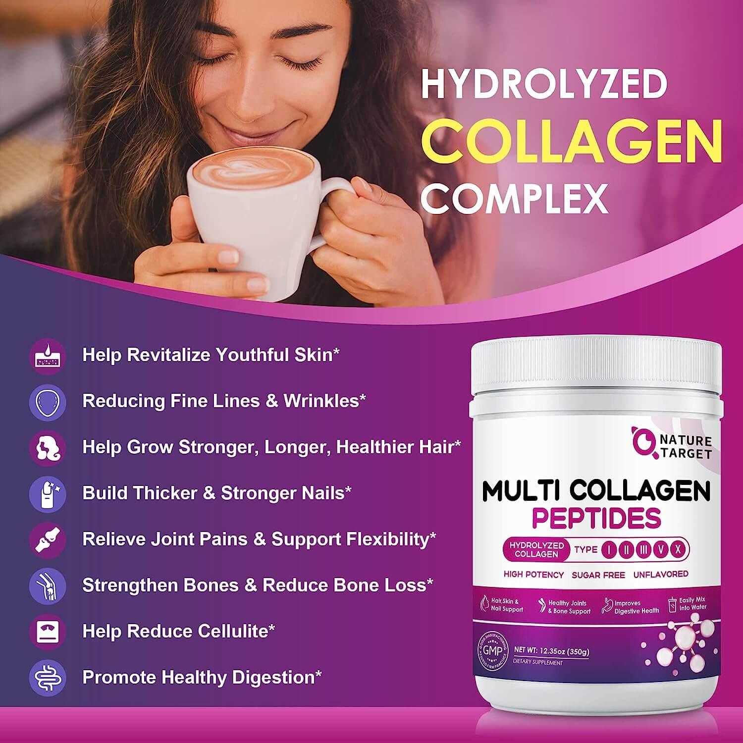 Advertisement for Nature Target Multi Collagen Peptides with a woman holding a mug.