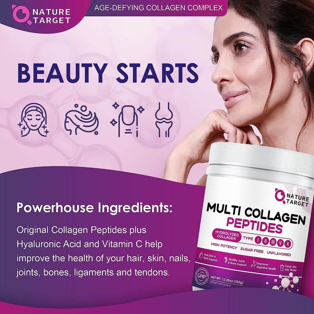 Advertisement for Nature Target Multi Collagen Peptides with a woman holding the product against a purple background.