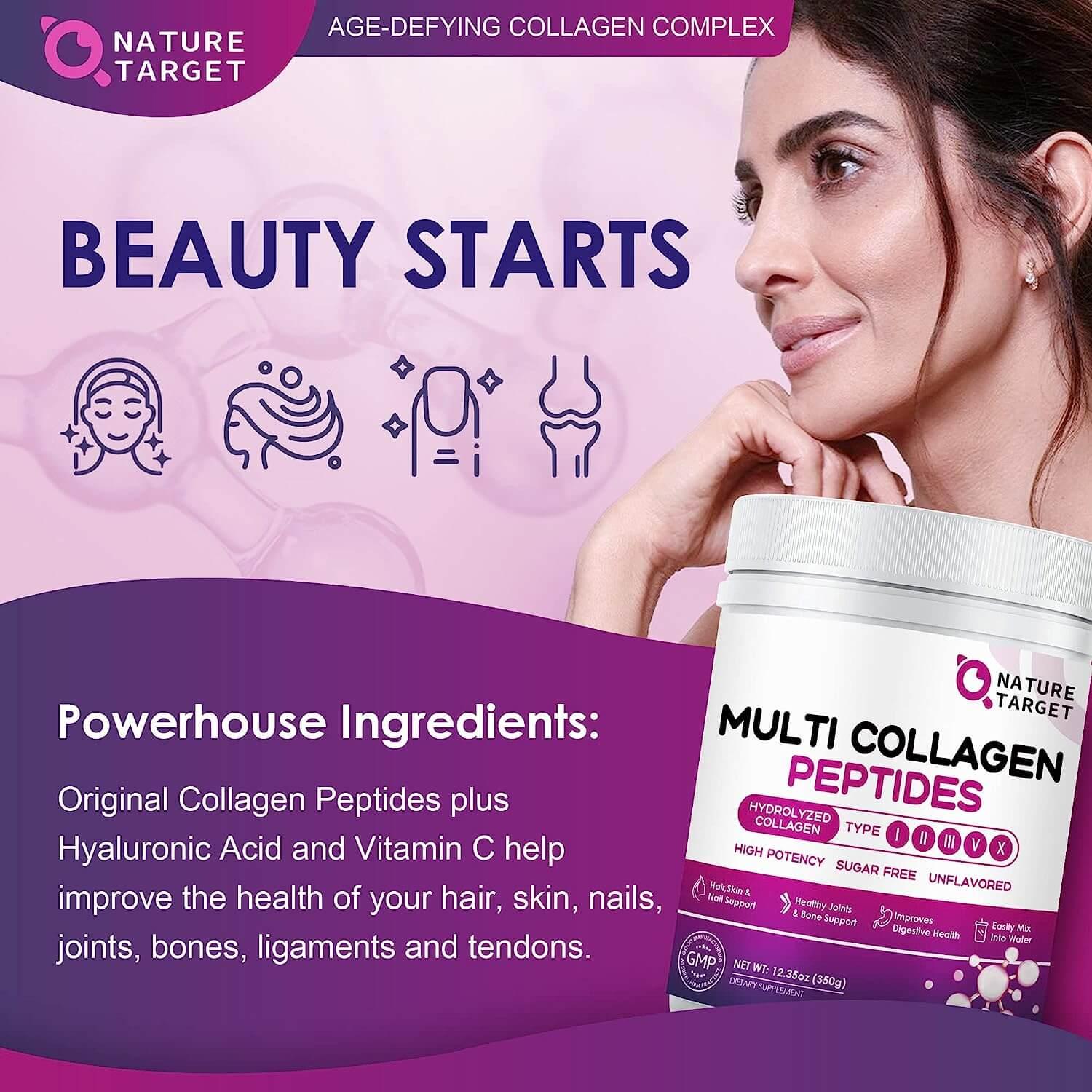 Advertisement for Nature Target Multi Collagen Peptides with a woman holding the product against a purple background.