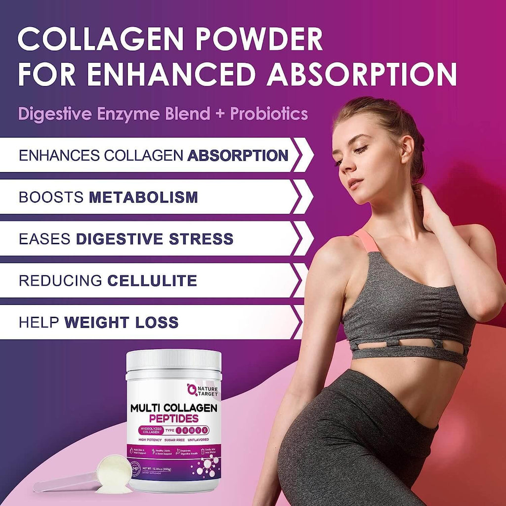 Advertisement for collagen powder with a woman and product on a pink and purple background