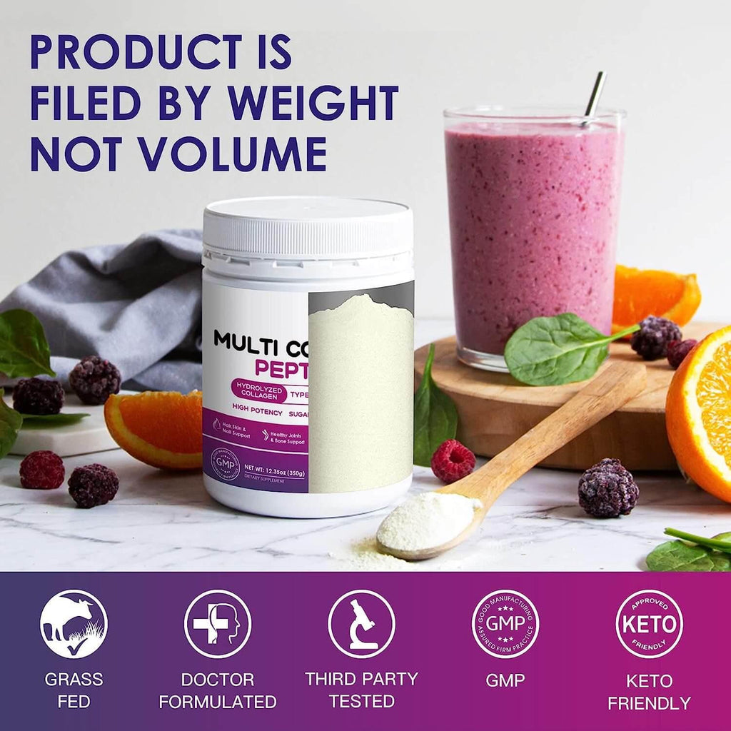 Multi Coll Pept protein powder container with a smoothie and fruits on a table, featuring certification logos at the bottom.