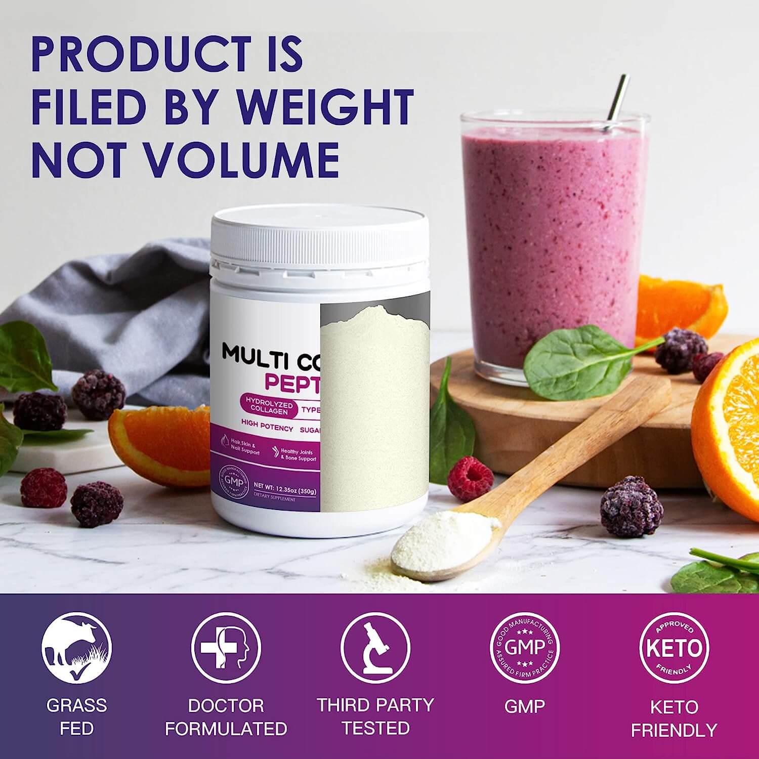 Multi Coll Pept protein powder container with a smoothie and fruits on a table, featuring certification logos at the bottom.