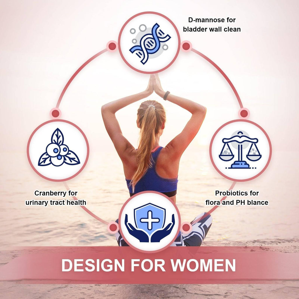 Woman in a yoga pose with health product icons and text on a pink background