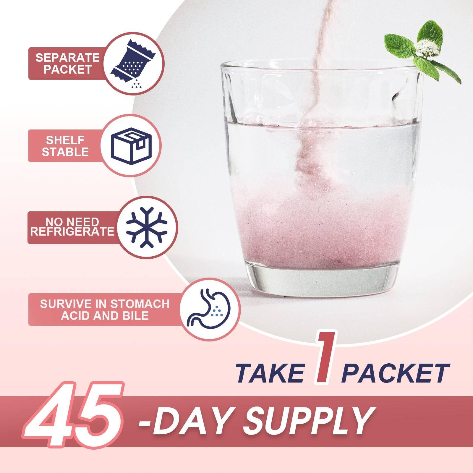 Glass of pink smoothie with text highlighting product features on a white background