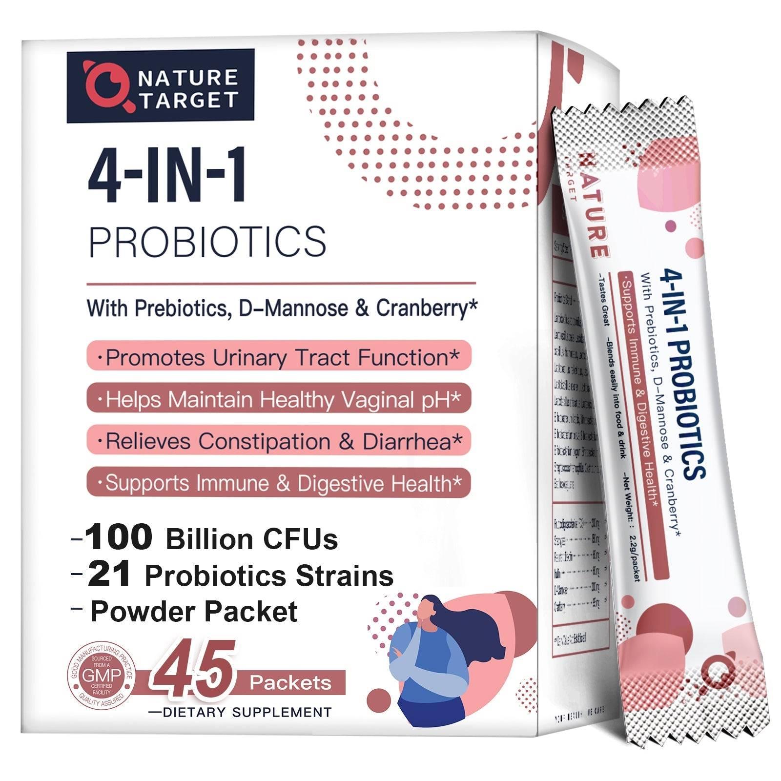 Nature Target 4-IN-1 Probiotics packaging with powder packets on a white background