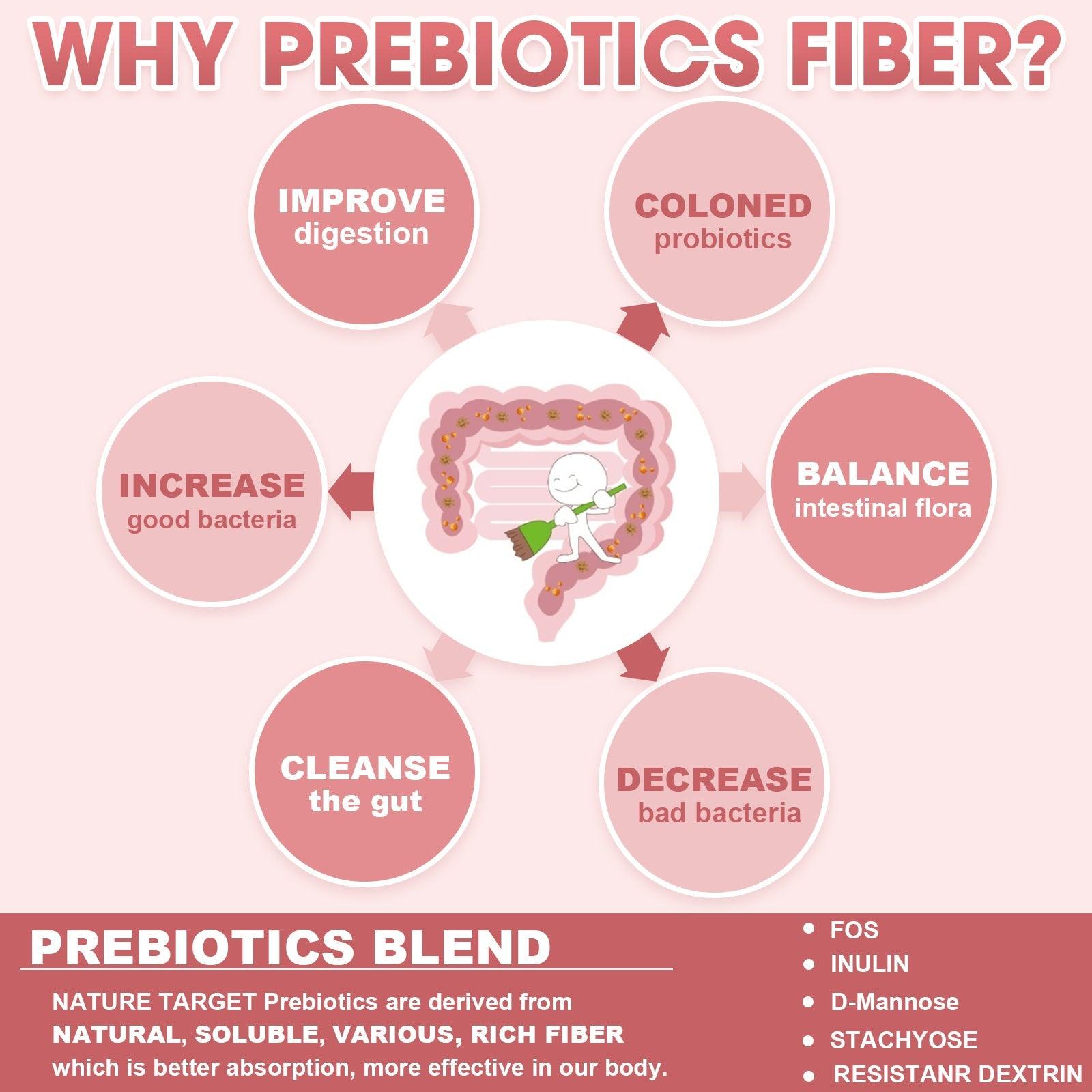 Infographic explaining the benefits of prebiotics fiber with a pink background and text.