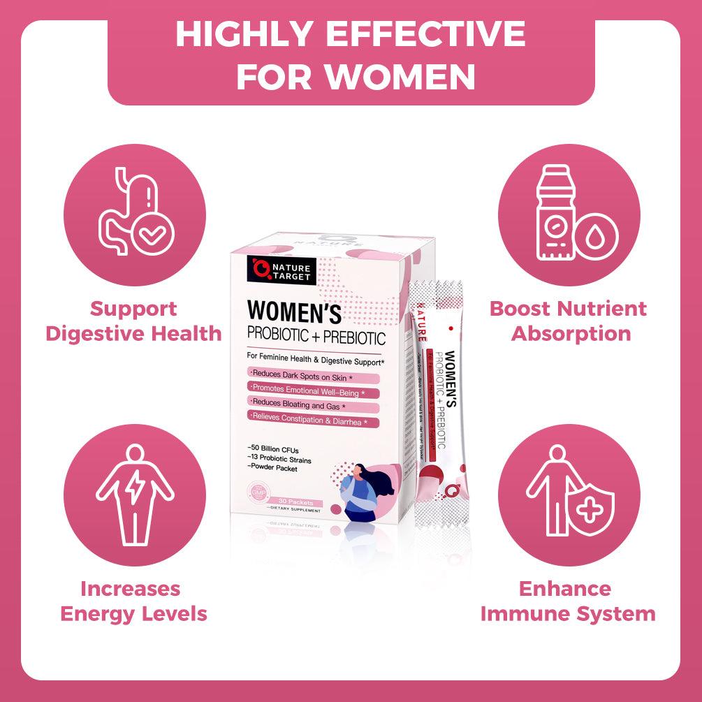 Nature Target Women's Probiotic + Prebiotic packaging with benefits on a pink background