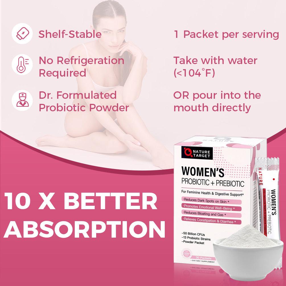 Advertisement for Nature Target Women's Probiotic + Prebiotic powder with packaging and usage instructions.