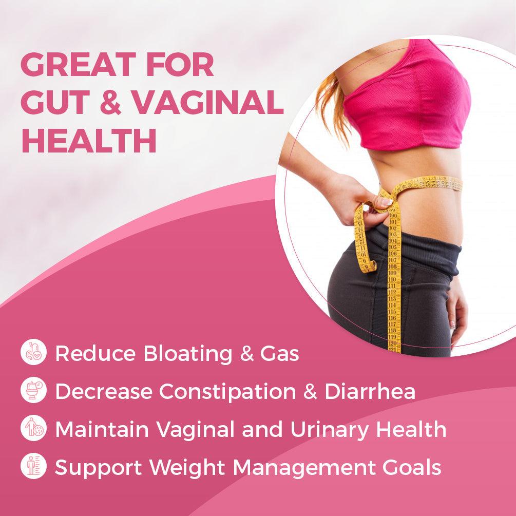 Woman measuring waist with text about gut and vaginal health benefits on a pink background