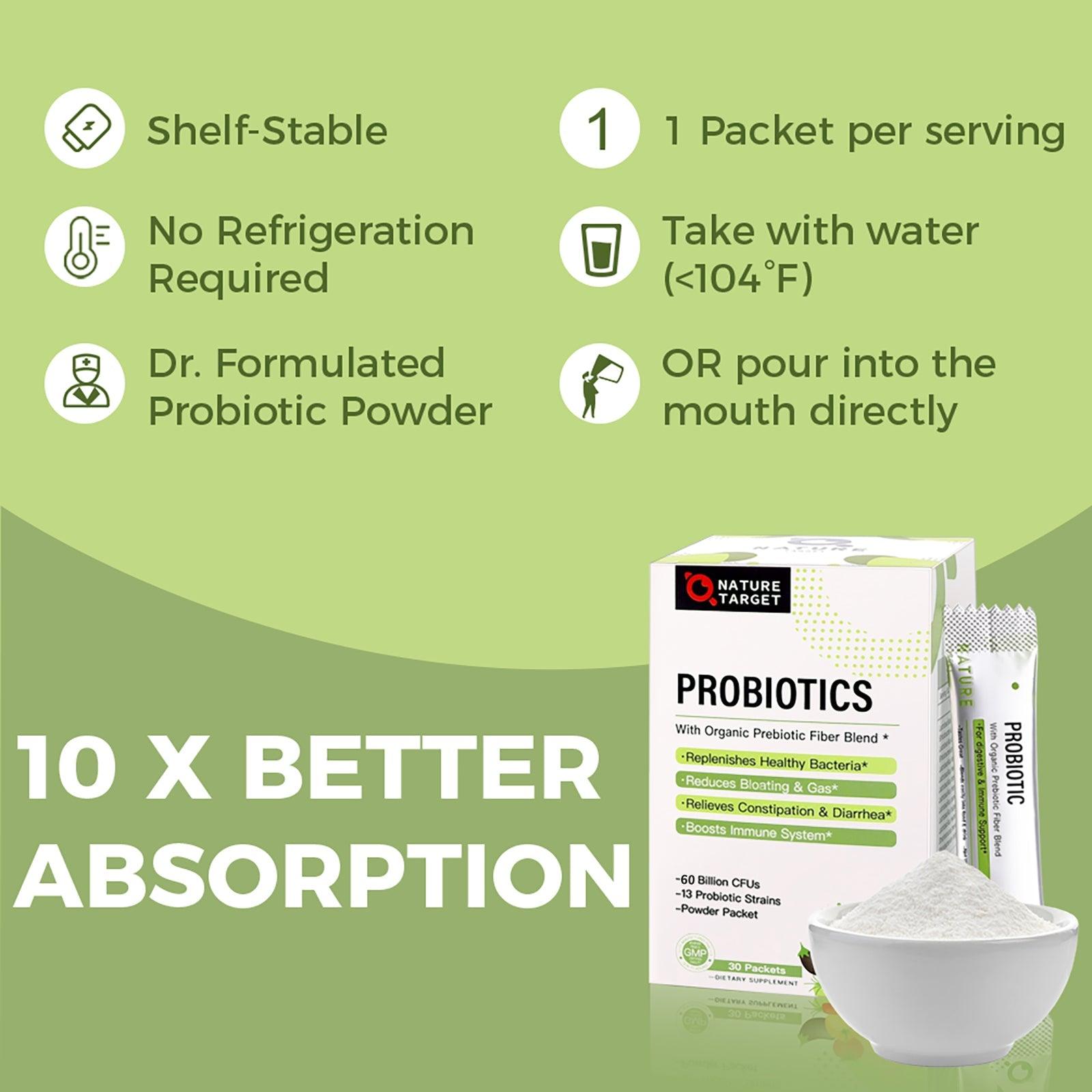 Probiotic powder packaging with text on a green background