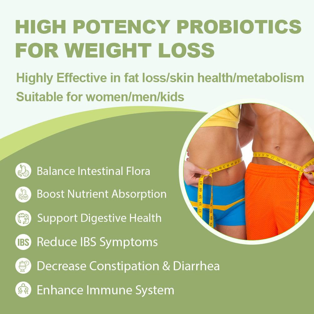 Advertisement for high potency probiotics for weight loss with a green background and text listing benefits.