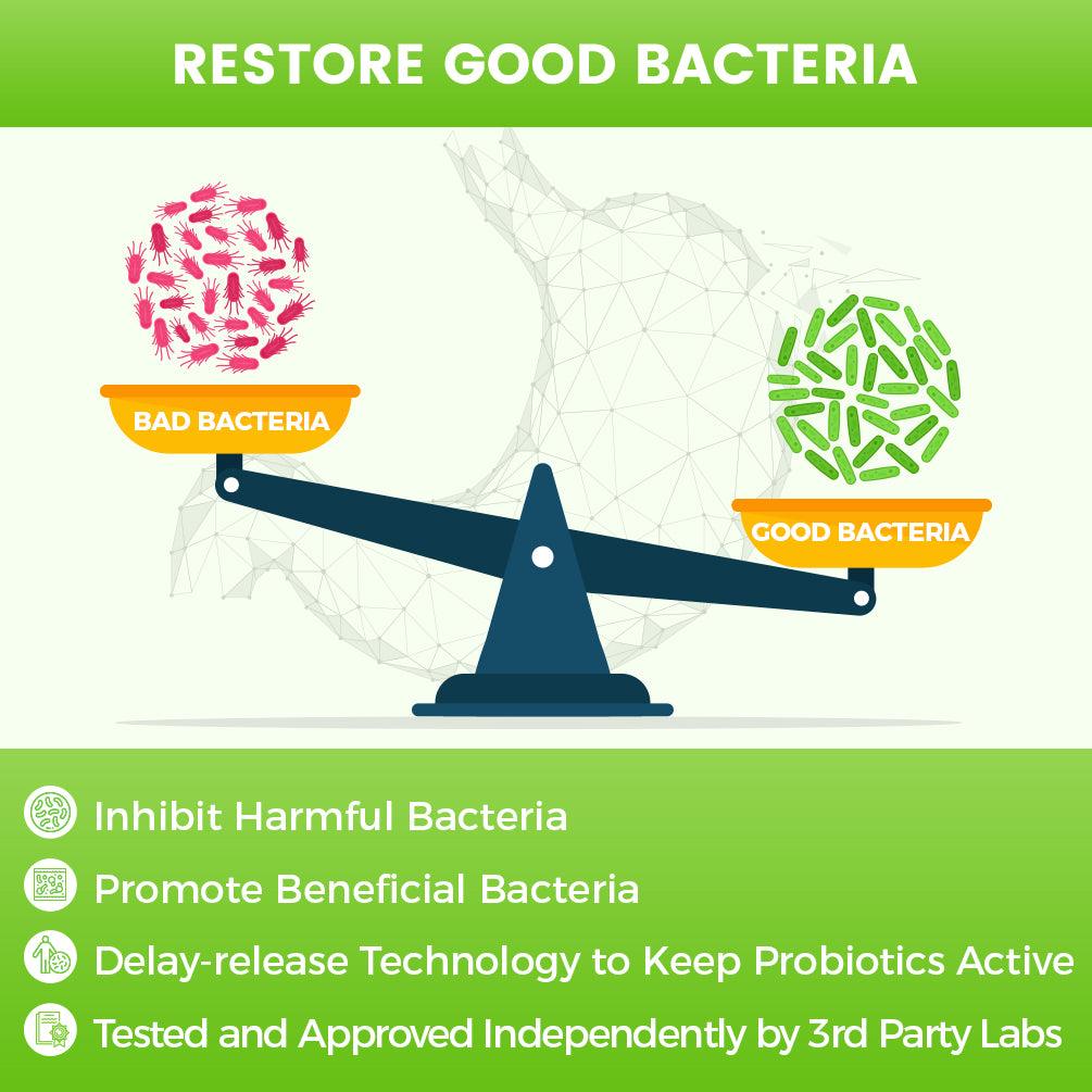 Diagram showing balance between bad and good bacteria with text about restoring good bacteria.