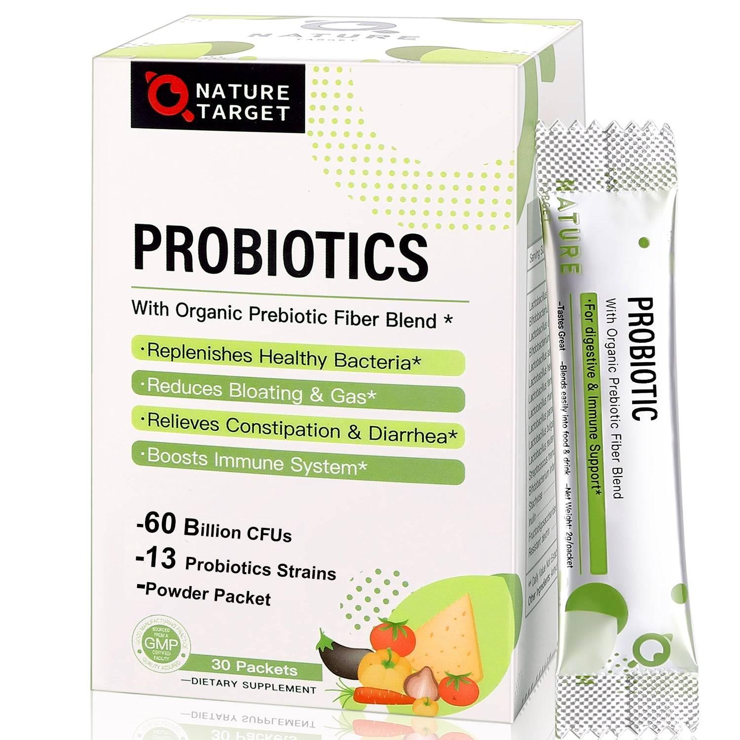 Nature Target probiotics packaging with a powder packet on a white background