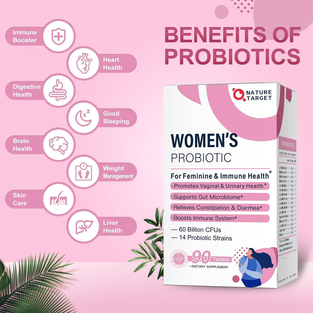 Nature Target Women's Probiotic package with benefits listed on a pink background