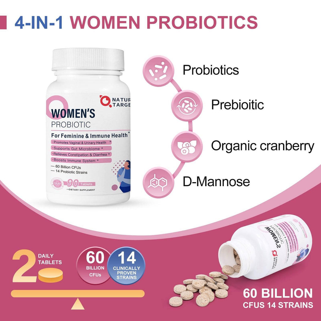 Women's probiotic supplement with key ingredients highlighted on a pink background