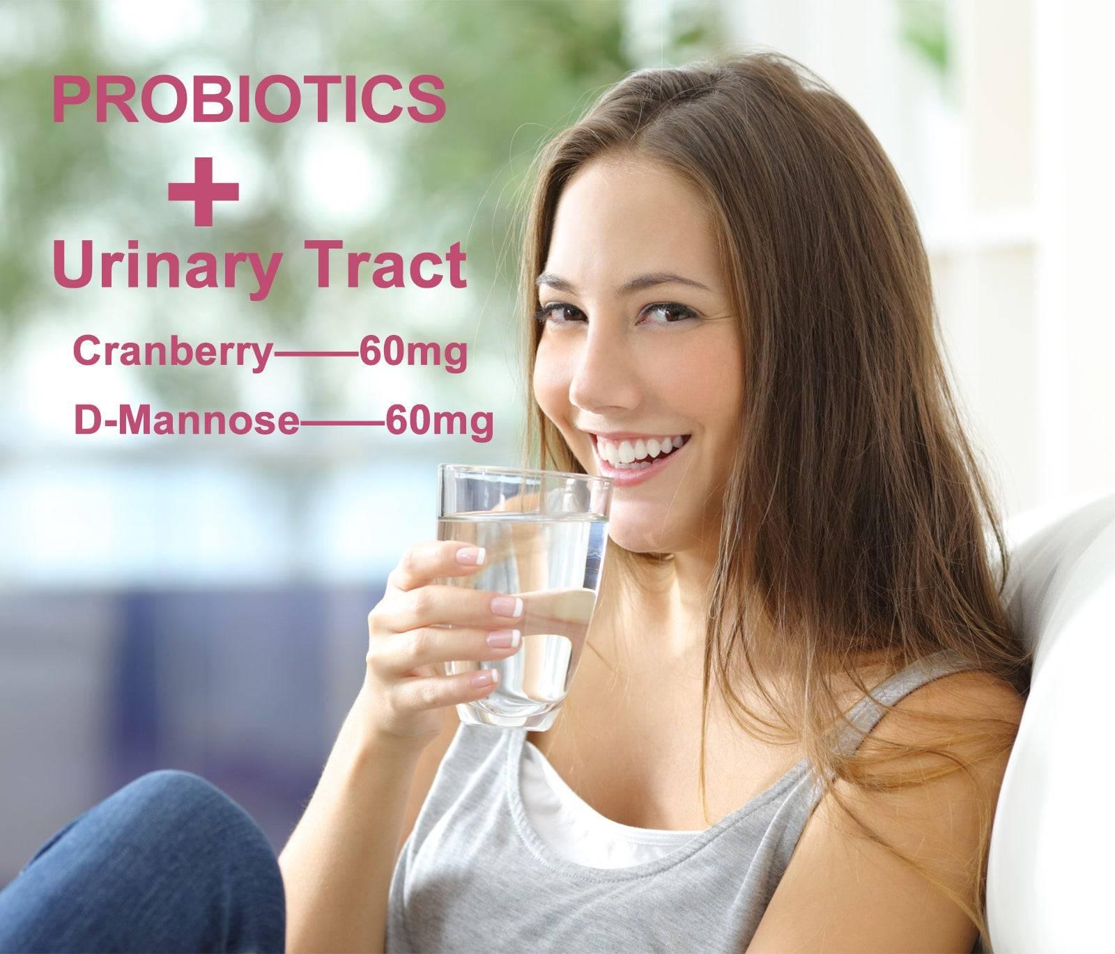 Woman holding a glass of water with text about probiotics and urinary tract health.
