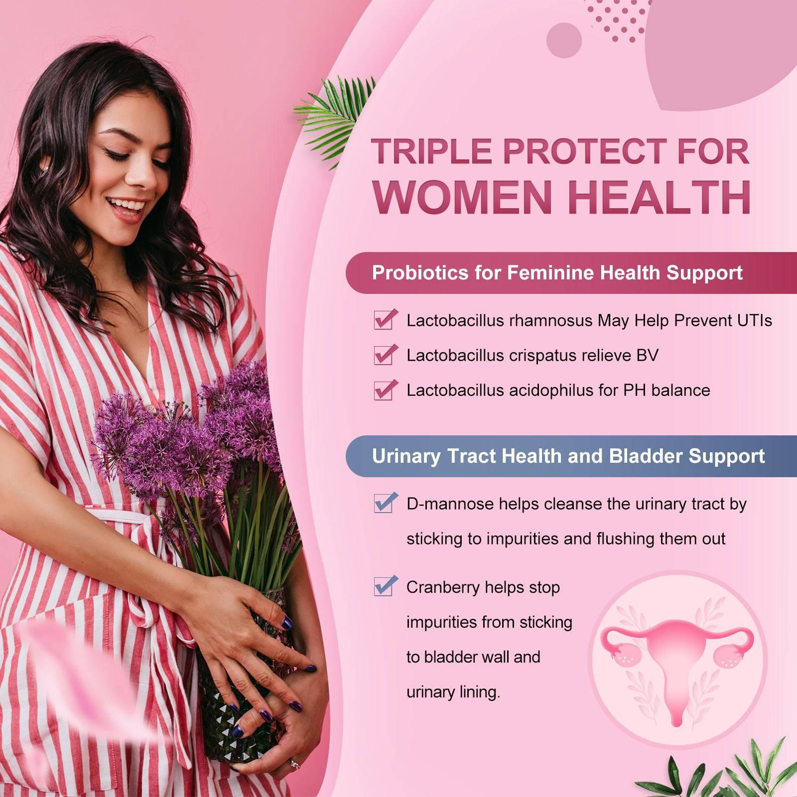Woman holding flowers with promotional text about probiotics for women's health on a pink background