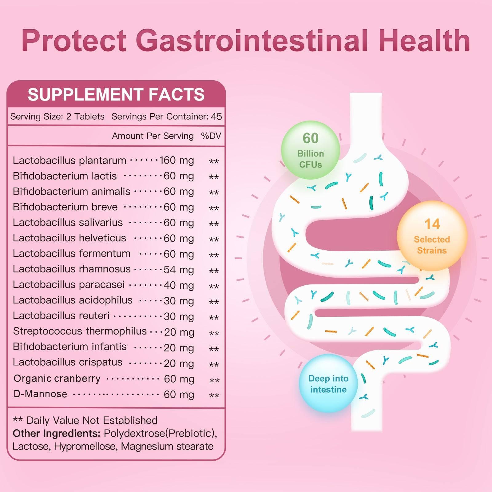 Supplement facts label for a gastrointestinal health product on a pink background