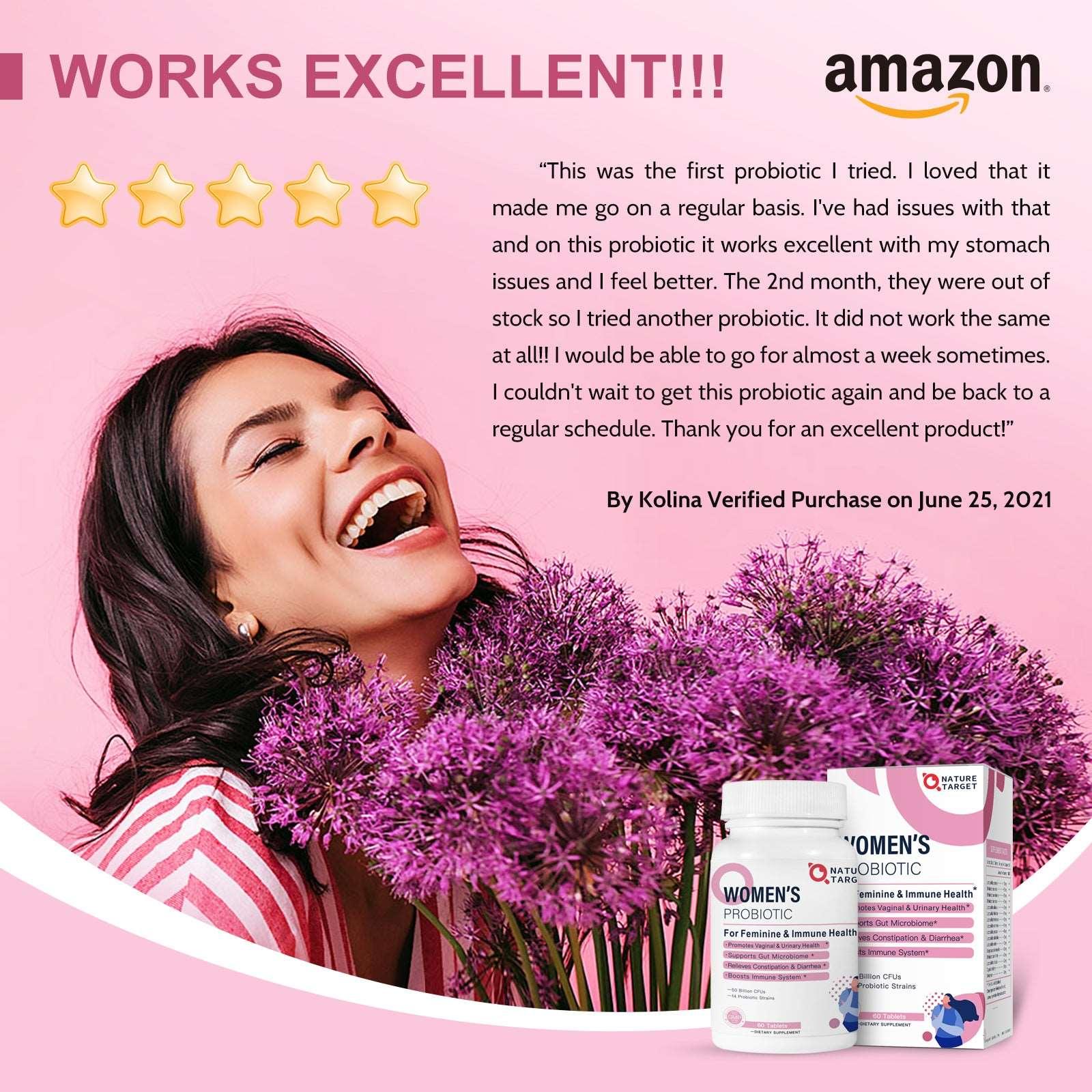 Woman holding purple flowers with KOLINA Women's Probiotic packaging on a pink background