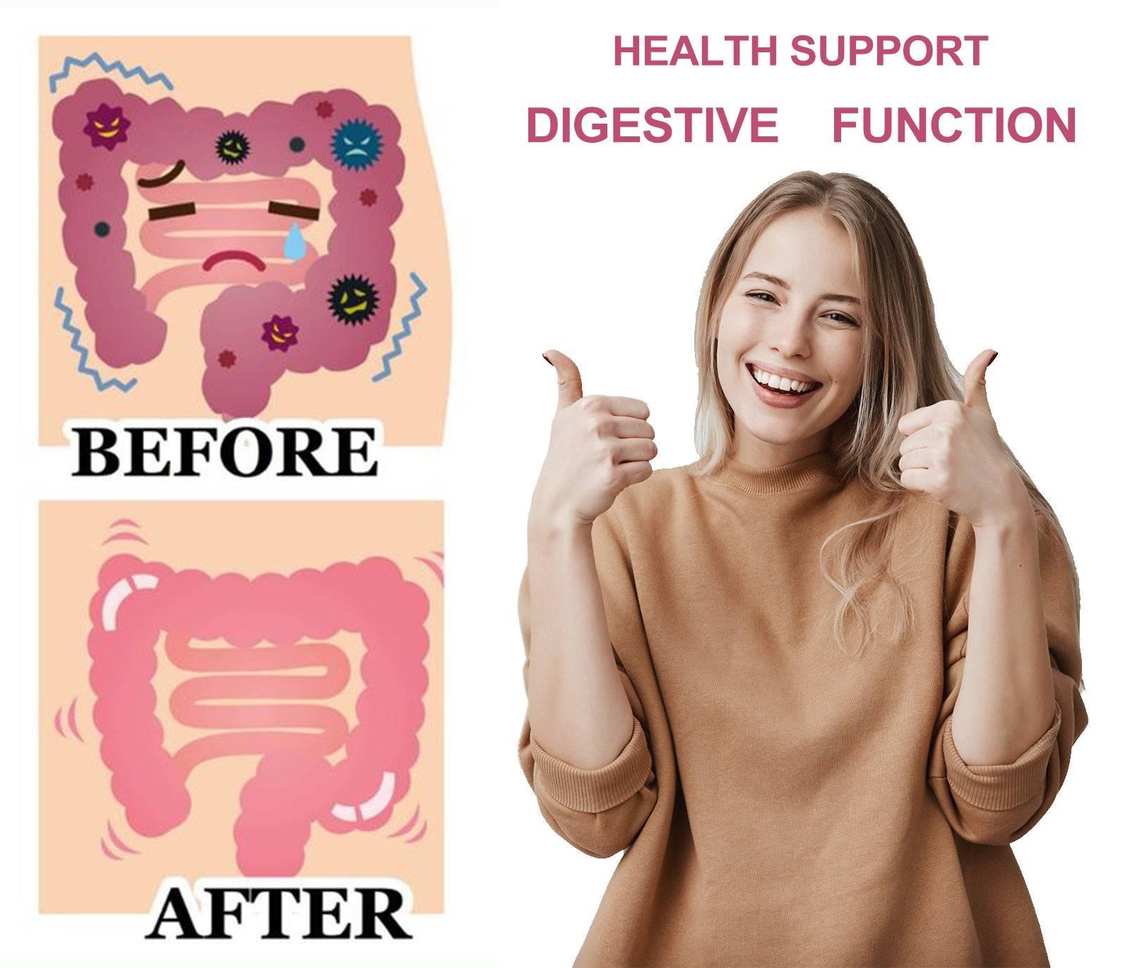 Woman giving thumbs up next to illustrations of a digestive system before and after health support, with text indicating digestive function.