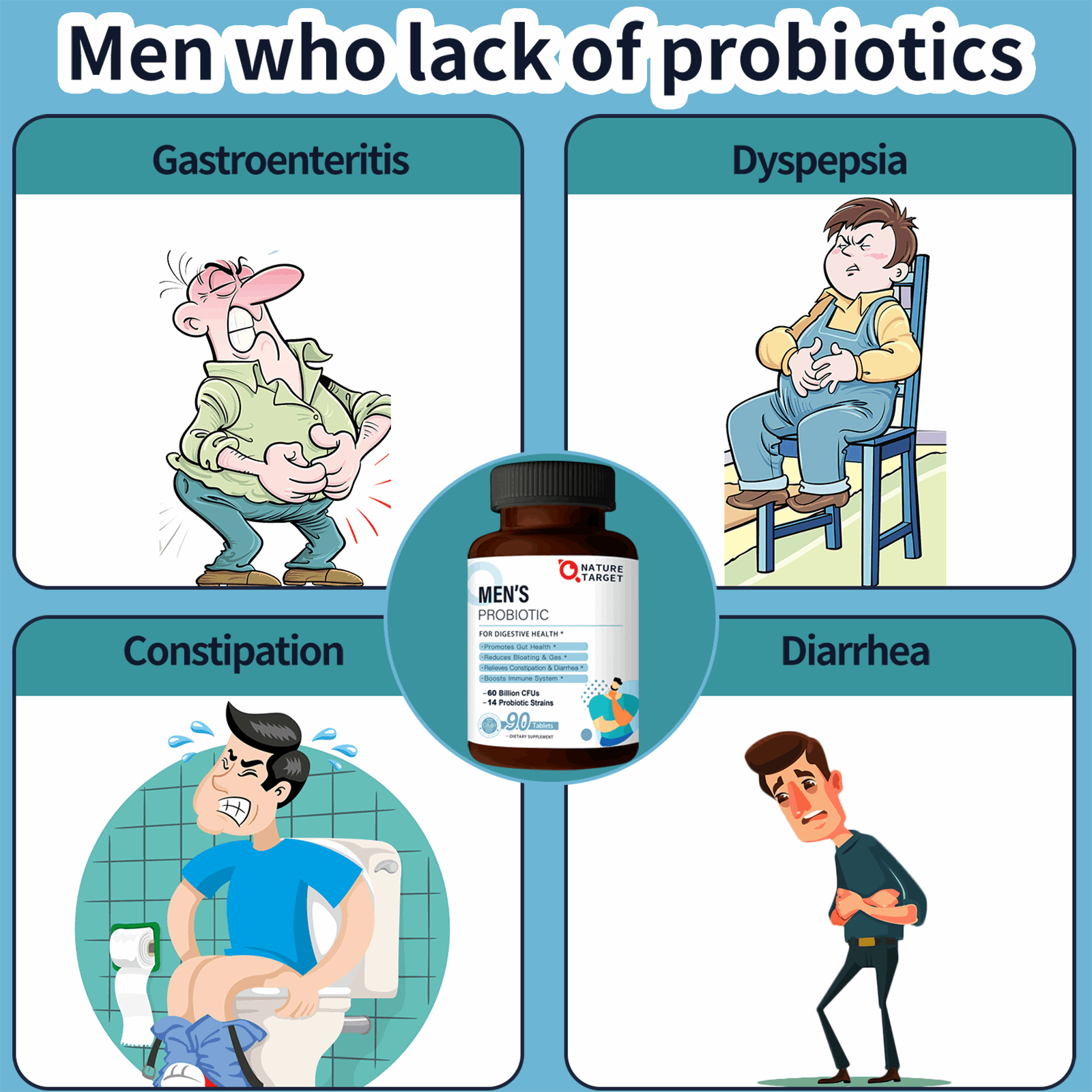 Illustrations of men with health issues and a bottle of Men's Probiotic supplement.
