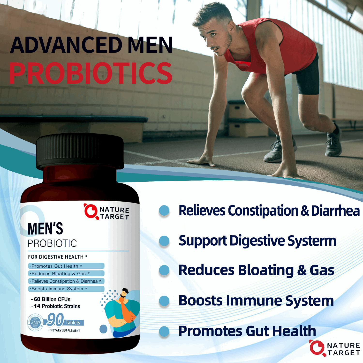 Nature Target Men's Probiotic supplement bottle with a person exercising in the background