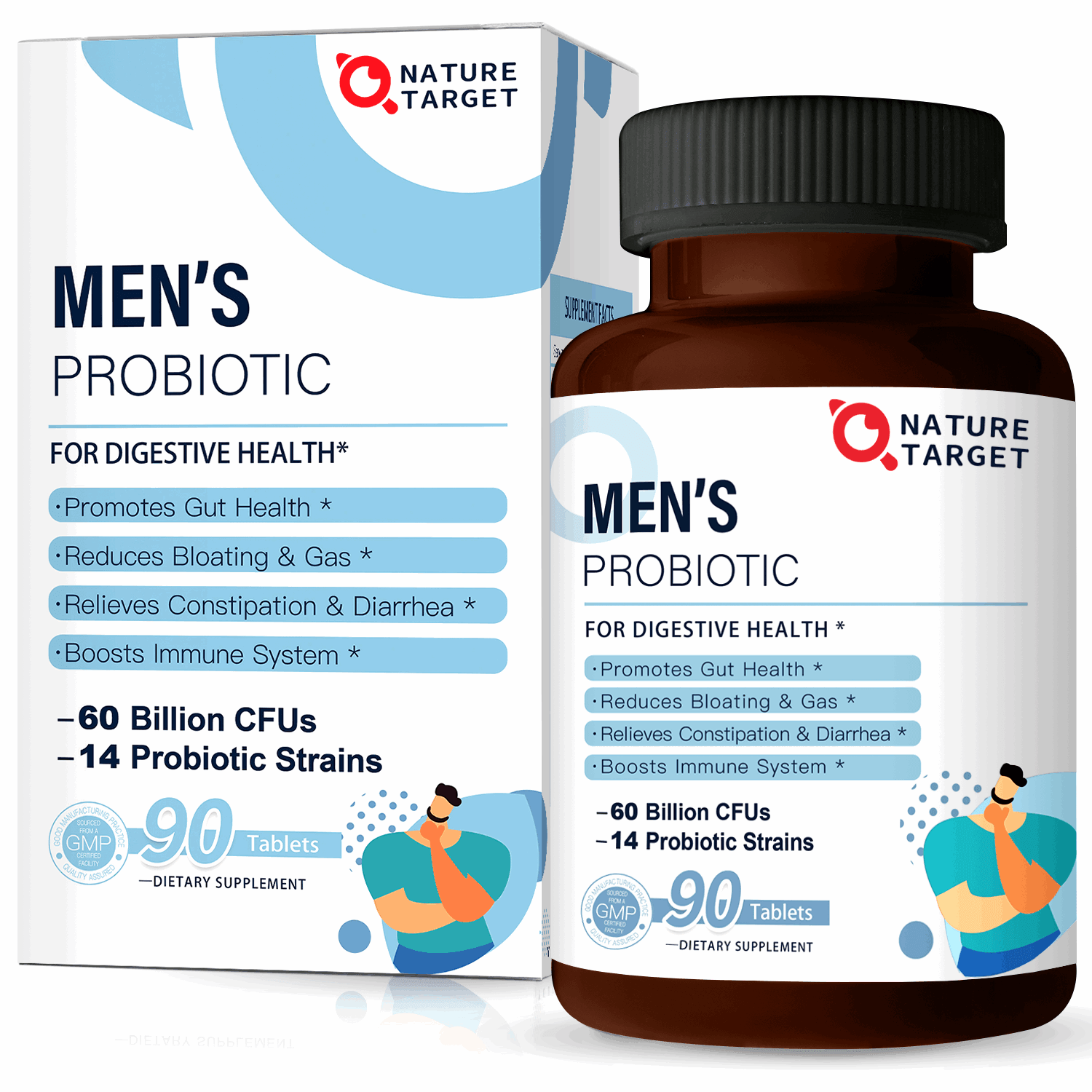 Men's probiotic supplement bottle and packaging with 'Nature Target' branding on a white background.