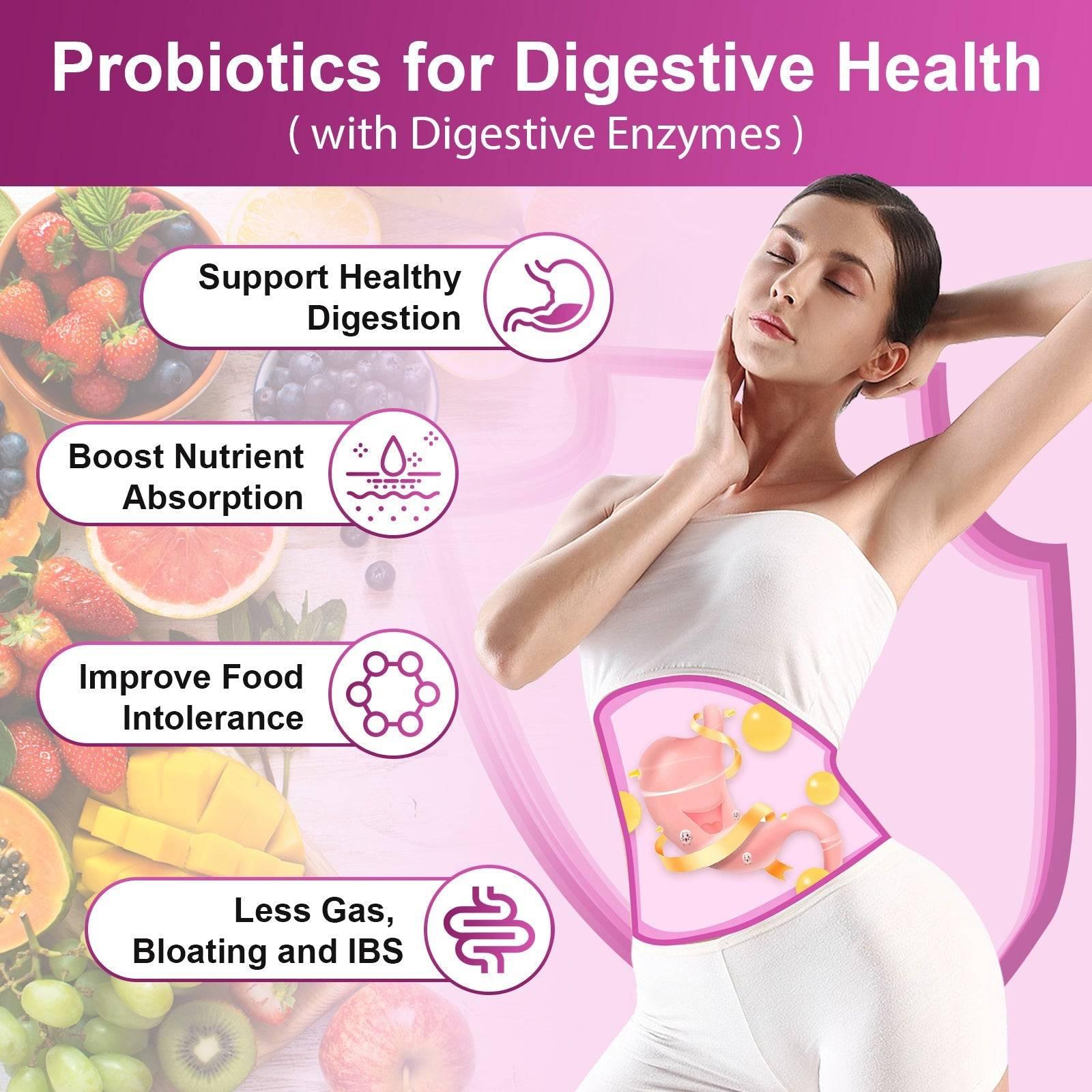 Advertisement for probiotics with digestive enzymes featuring a woman and health benefits on a pink background.